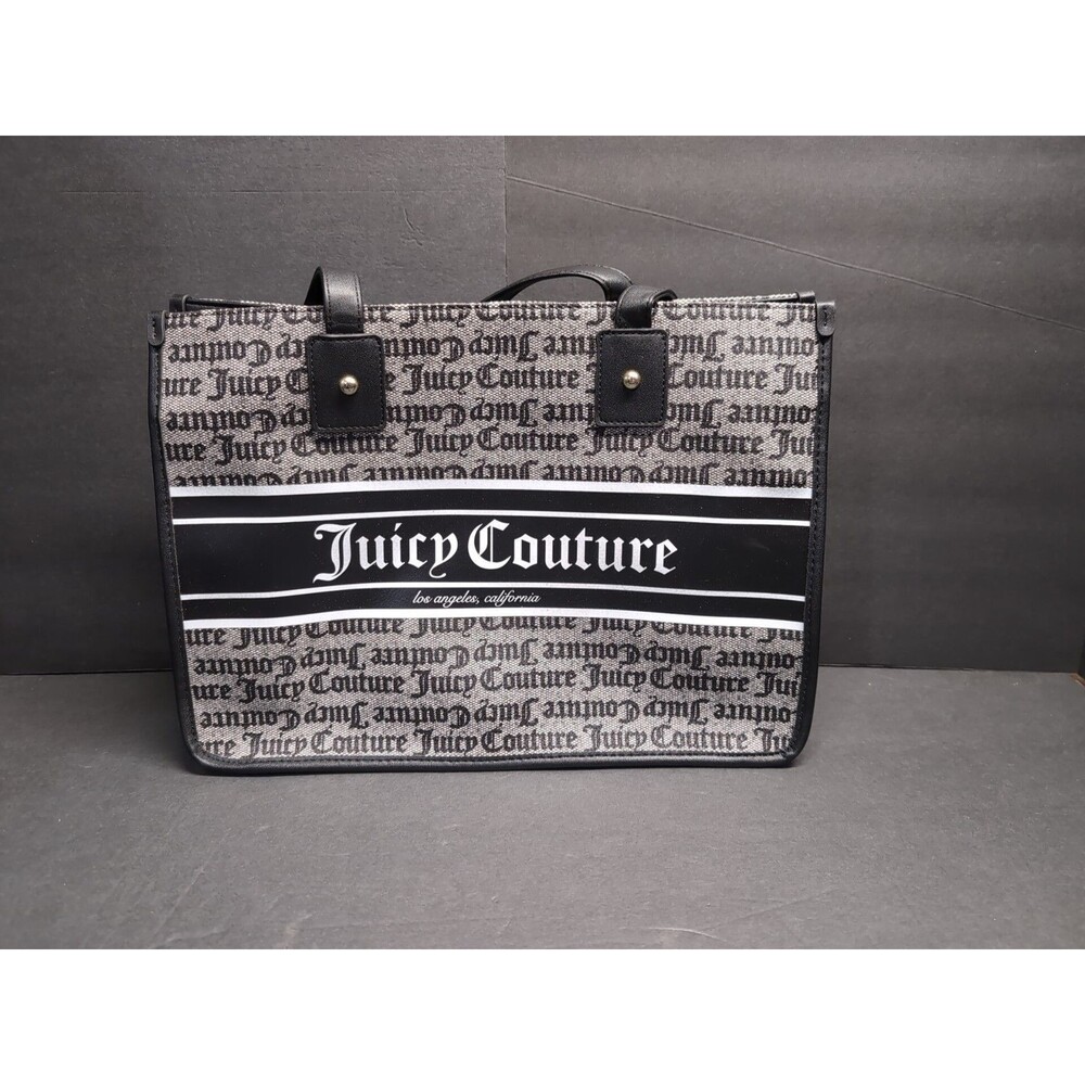 Juicy Couture V8509 Billboard Tote Bag Black Beige Logo Print Shopper Purse